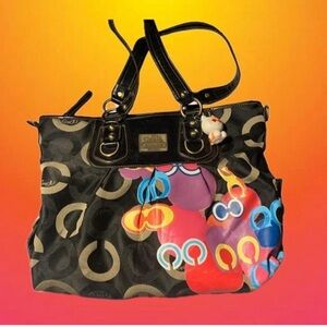 Coach Black Signature Tote with Multicolor Print